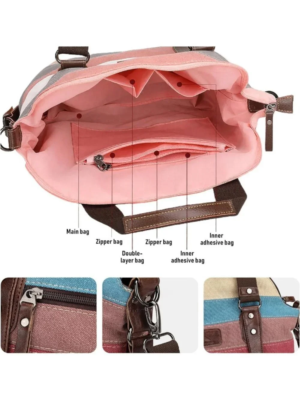 Multicolor Striped Canvas Messenger Bag, Stylish Crossbody Purse with Pockets